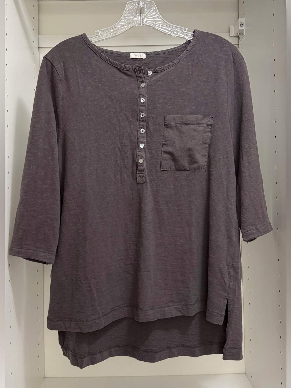 OYSHO gray top, 3/4 sleeves, button front and pocket, size XL